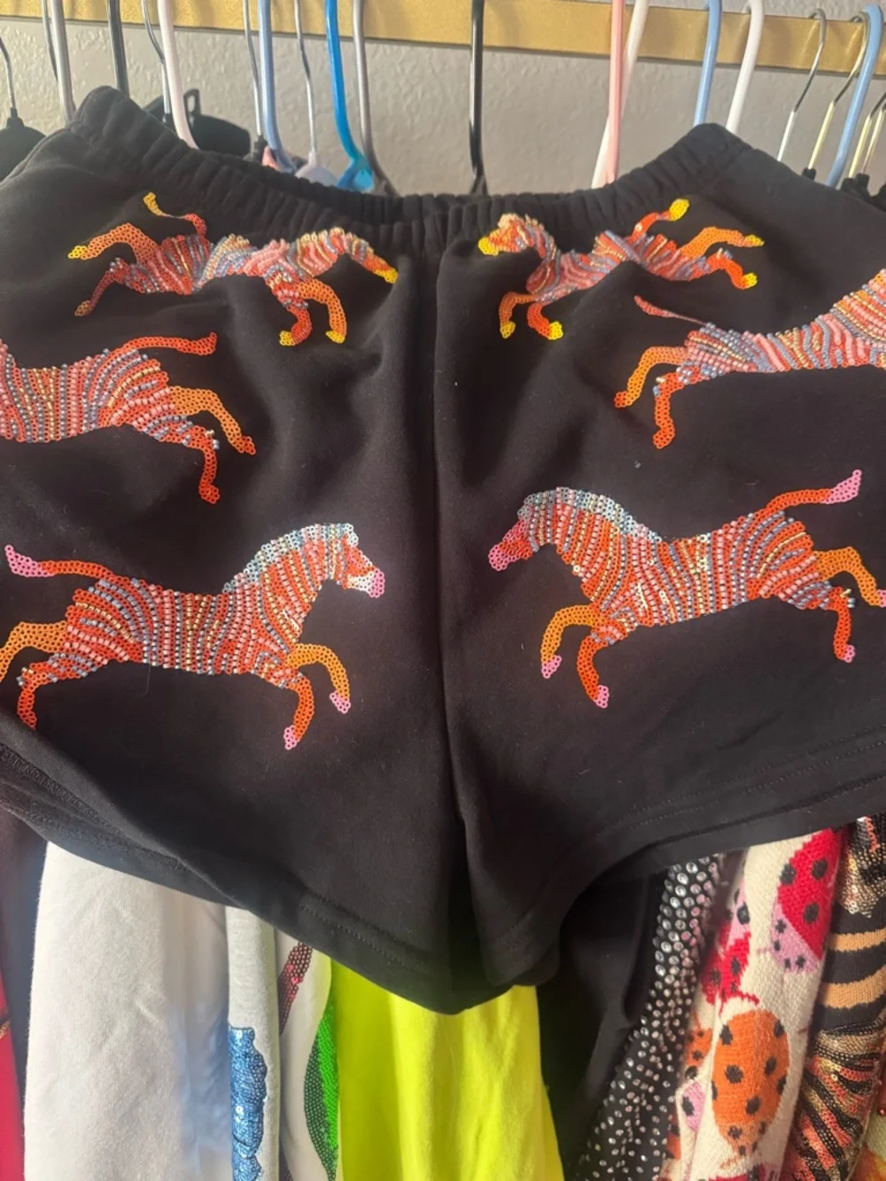 SHORTS ONLY. QUEEN OF SPARKLES Black with Orange and Pink Zebra Motif - Picture 2 of 3